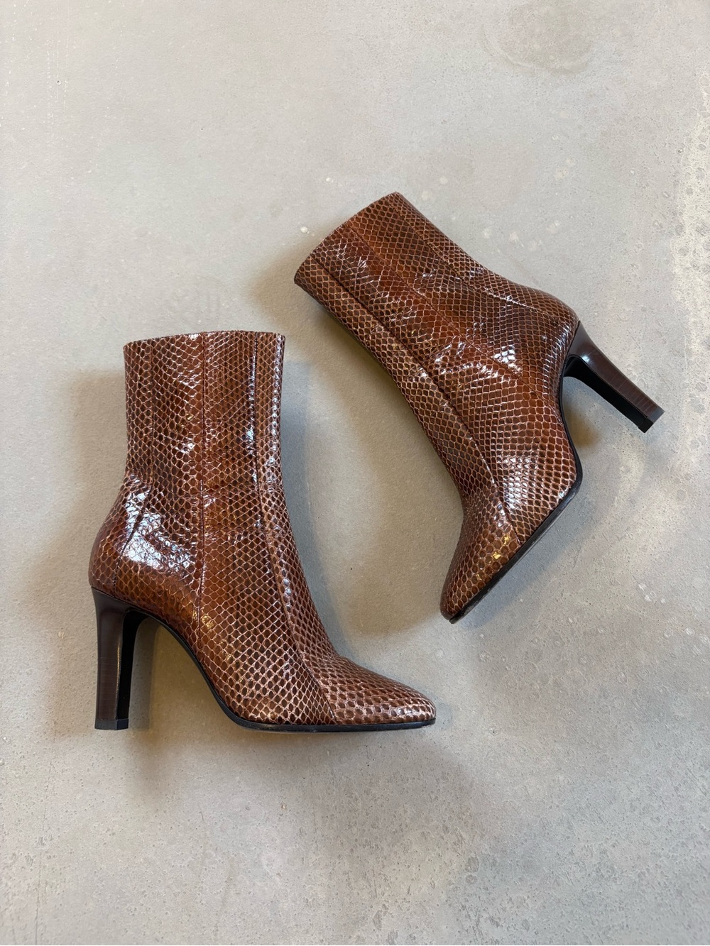 Saint Laurent Blu Z 90mm Snakeskin High Heeled Ankle Booties Brown size 37 / 6.5